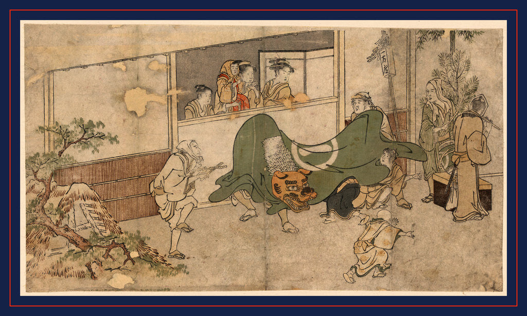 Detail of Actors in Lion Costume Dancing in Front of Women and Children Gathered at a Window, and Children and Adults Outside the Building by Anonymous