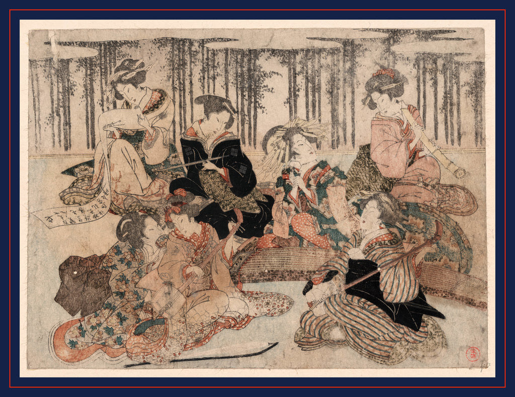 Detail of Seven Women Portraying the Seven Sages of the Bamboo Grove, Sitting Together with Musical Instruments (Shamisen, Koto, and Recorder), Tobacco Pipes, and a Scroll by Anonymous