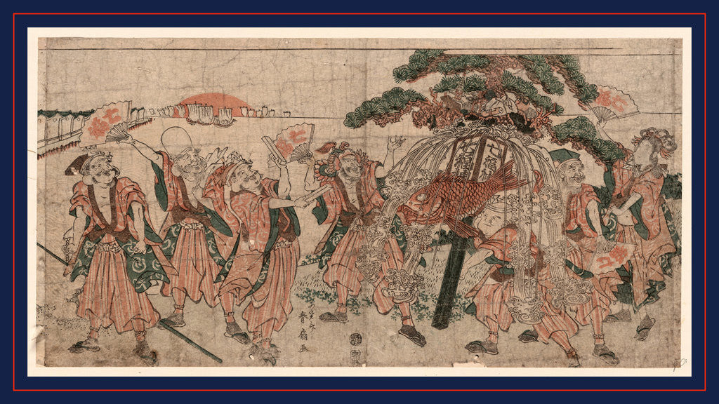 Detail of the Seven Lucky Gods of Japan with Large Festive Display with Pine Boughs from which a Large Fish is Hanging by Anonymous