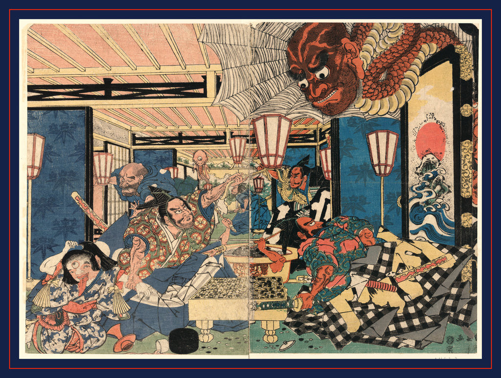Detail of an Interior View of Room with Minamoto Yorimitsu and Another Man at a Go Gameboard As a Demon Crashes Through the Roof by Anonymous