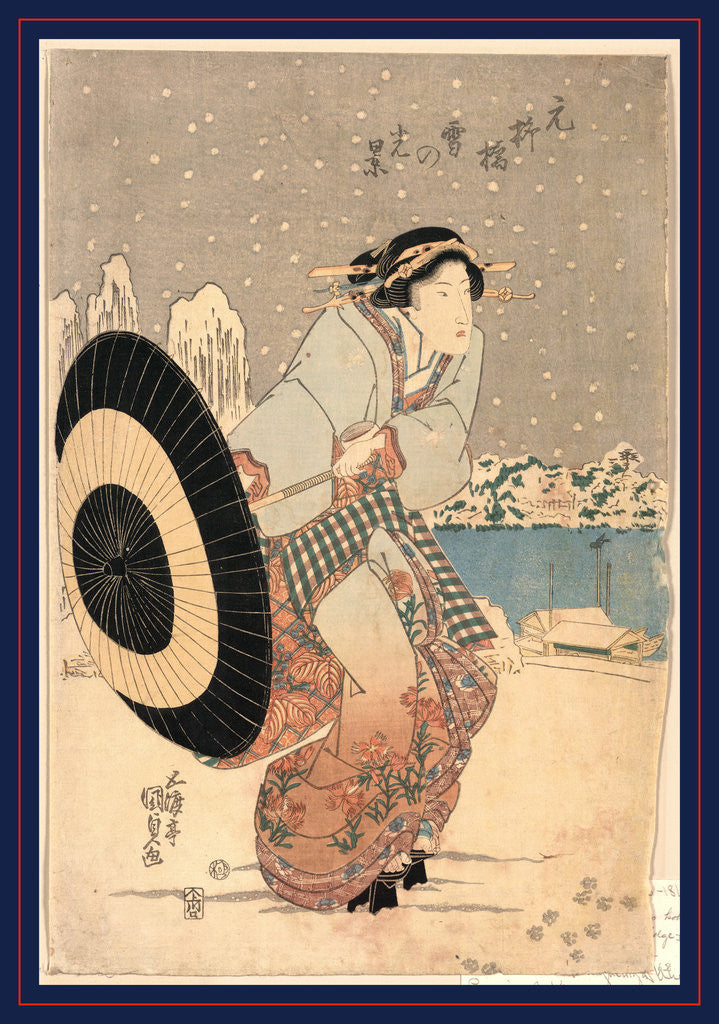 Detail of Woman Opening Up a Parasol While Walking in the Snow at Night Near the Motonoyanagi Bridge by Anonymous
