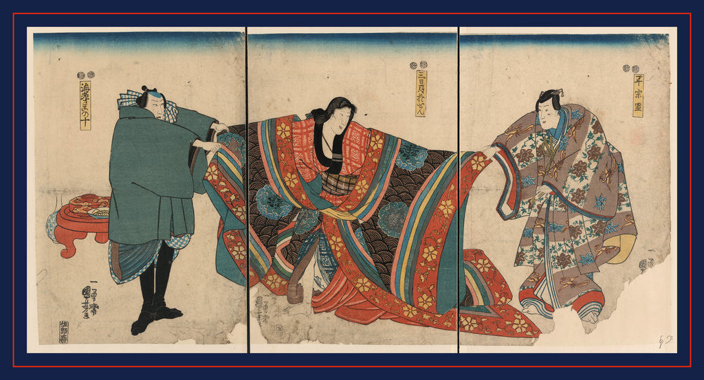 Detail of Taira no munemori mikazuki osen ebizako no ju, Actors in the roles of Taira no Munemori, Mikazuki Osen, and Ebizako no Ju by Utagawa Kuniyoshi