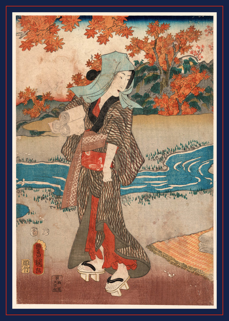 Detail of Woman Holding Three Rolls of Cloth or Paper Standing Beneath a Maple Tree Next to a Stream. by Anonymous