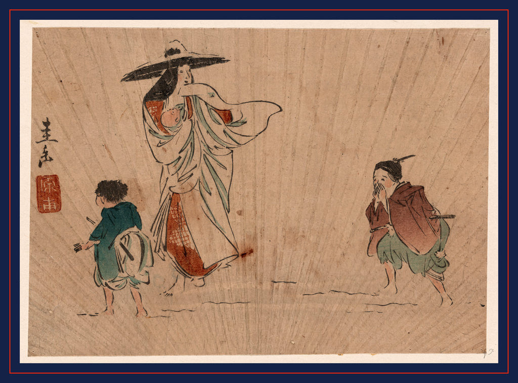Detail of Tokiwa Gozen, Wearing a Large Snow-Covered Hat, Holding an Infant, a Young Man Appears to Be Calling to a Boy by Anonymous