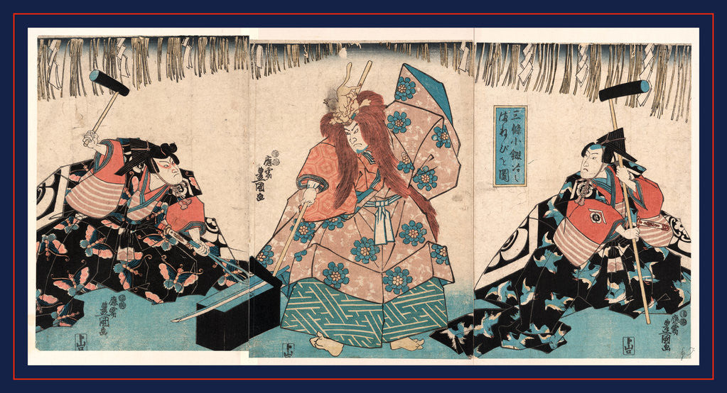 Detail of Sanjo Kokaji no manebigoto zu, Remake of the Noh play about the swordmaker Sanjo Kokaji by Utagawa Kunisada