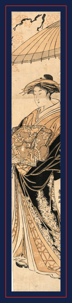 Detail of Woman Standing Beneath a Parasol with Branches of Cherry Blossoms above. by Anonymous