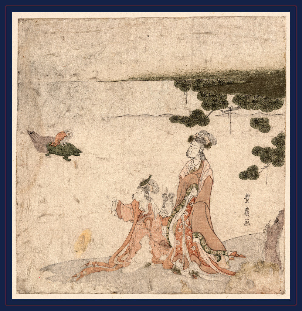Detail of Woman with Two Children Standing on the Seashore Watching a Monkey Riding on a Turtle (or Jellyfish). by Anonymous