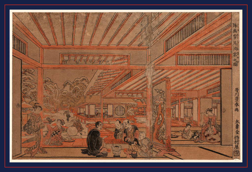 Detail of View Through Multiple Rooms of Small Gatherings, Men Playing Board Game, Women Playing with Pets, Drinking Tea, and Outside in the Snow, Rolling Large Snowballs. by Anonymous