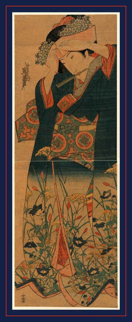 Detail of Ageboshi o naosu musume, Young woman adjusting her hat by Ikeda Eisen