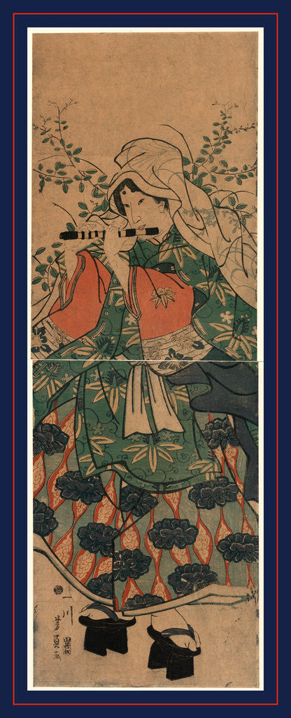 Detail of Woman with a Shawl Covering Her Head and Wearing Geta, Playing a Takebue or Shinobue Flute. by Anonymous