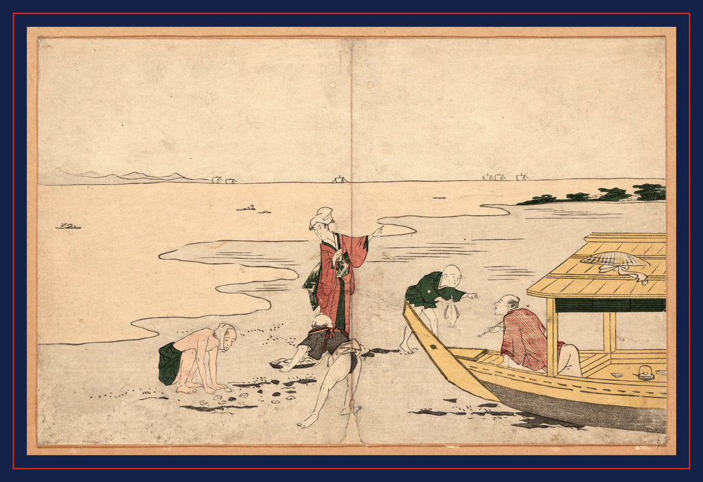 Detail of Five People Gathering Clams Along the Seashore Next to a Boat Pulled Up Onto the Beach by Anonymous