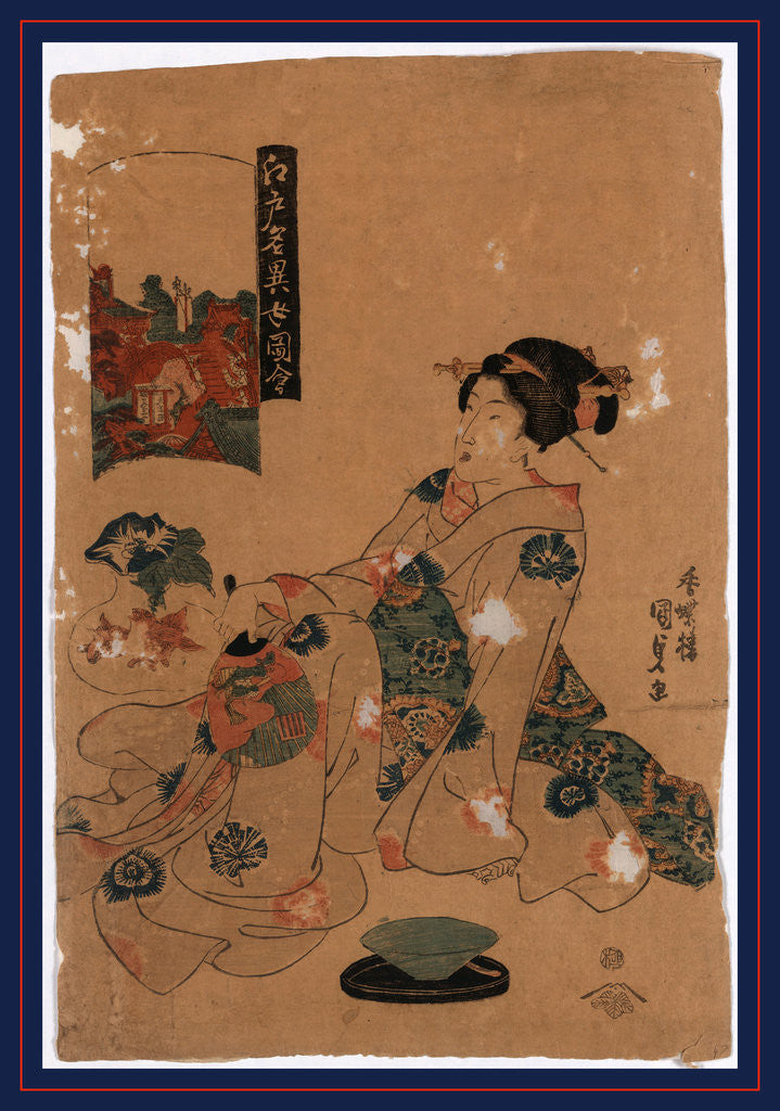 Detail of Woman Sitting on the Floor Looking at a Wall Hanging of the Bridge at the Kameido Tenjin Shrine. by Anonymous