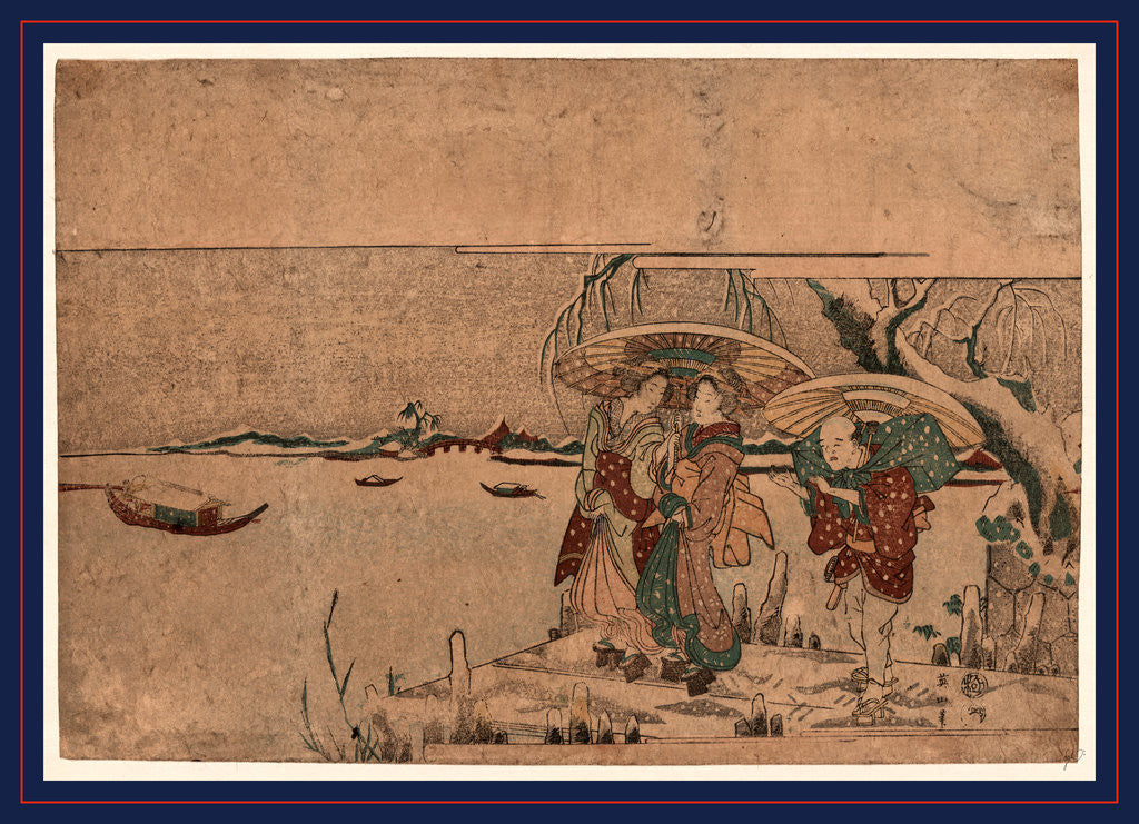 Detail of Two Women, Possibly Geisha, and a Male Porter Standing on a Wharf on the Edge of a River During a Snow Storm by Anonymous