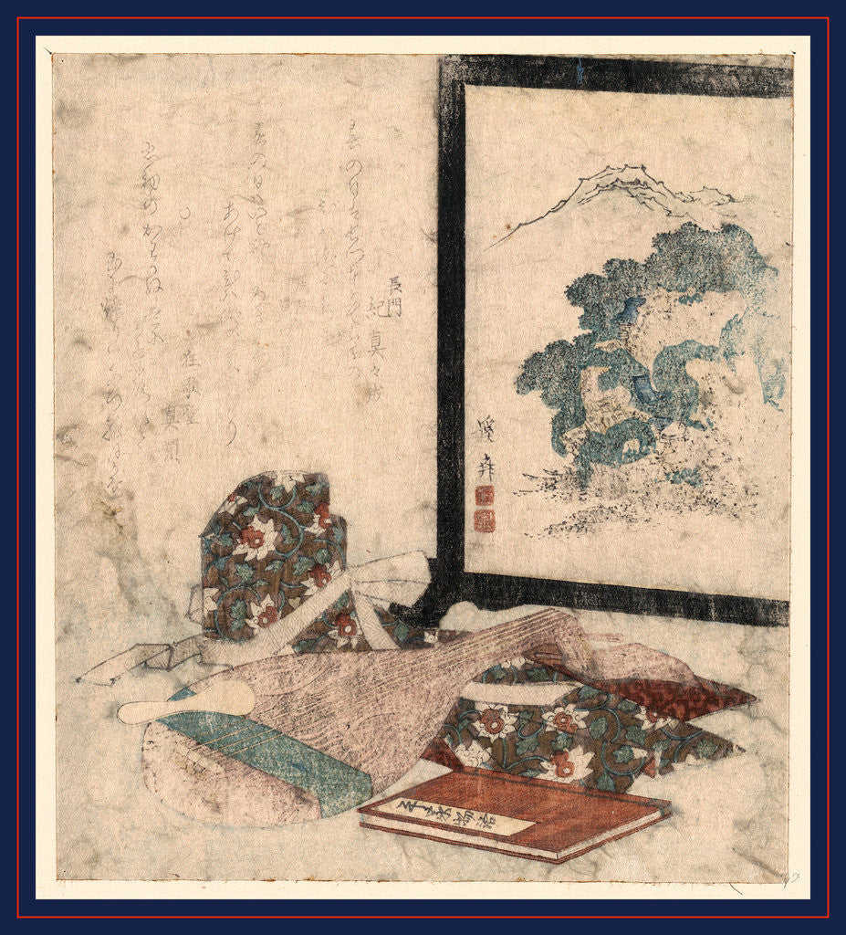 Detail of Heike monogatari to biwa to tsuitate, Tale of the heike and a lute next to a standing screen by Ikeda Eisen