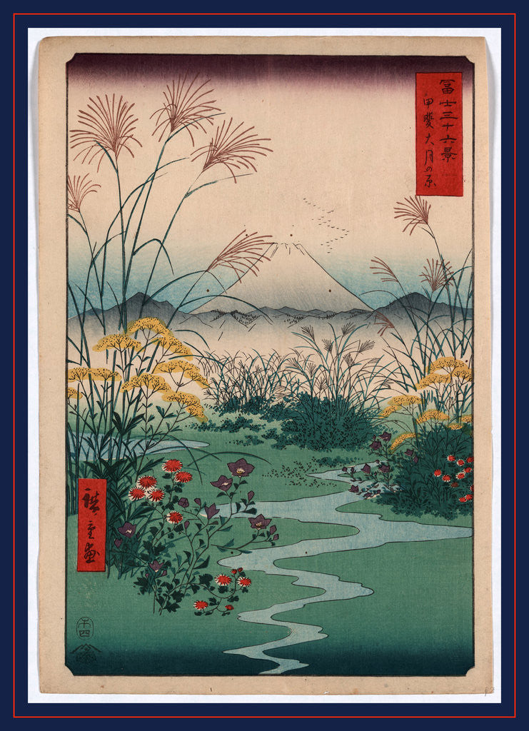 Detail of Wild Flowers and a Small Brook in a Field, with Mountains and a View of Mount Fuji in the Background by Anonymous