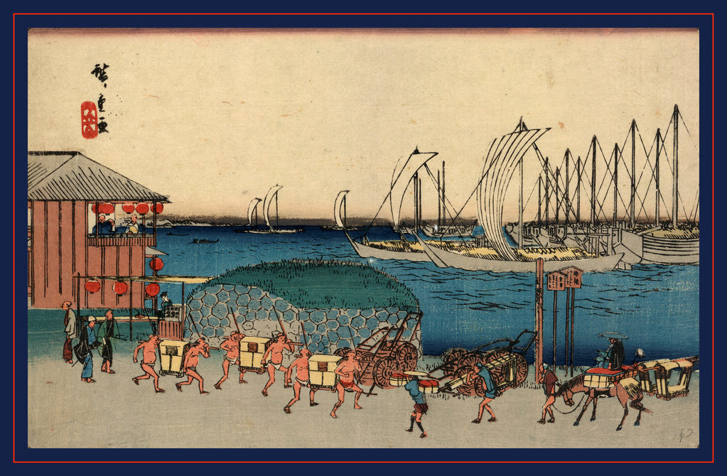 Detail of Porters Carrying Sedan Chairs and Travelers on Foot and Horseback Along the Waterfront of Takanawa by Anonymous