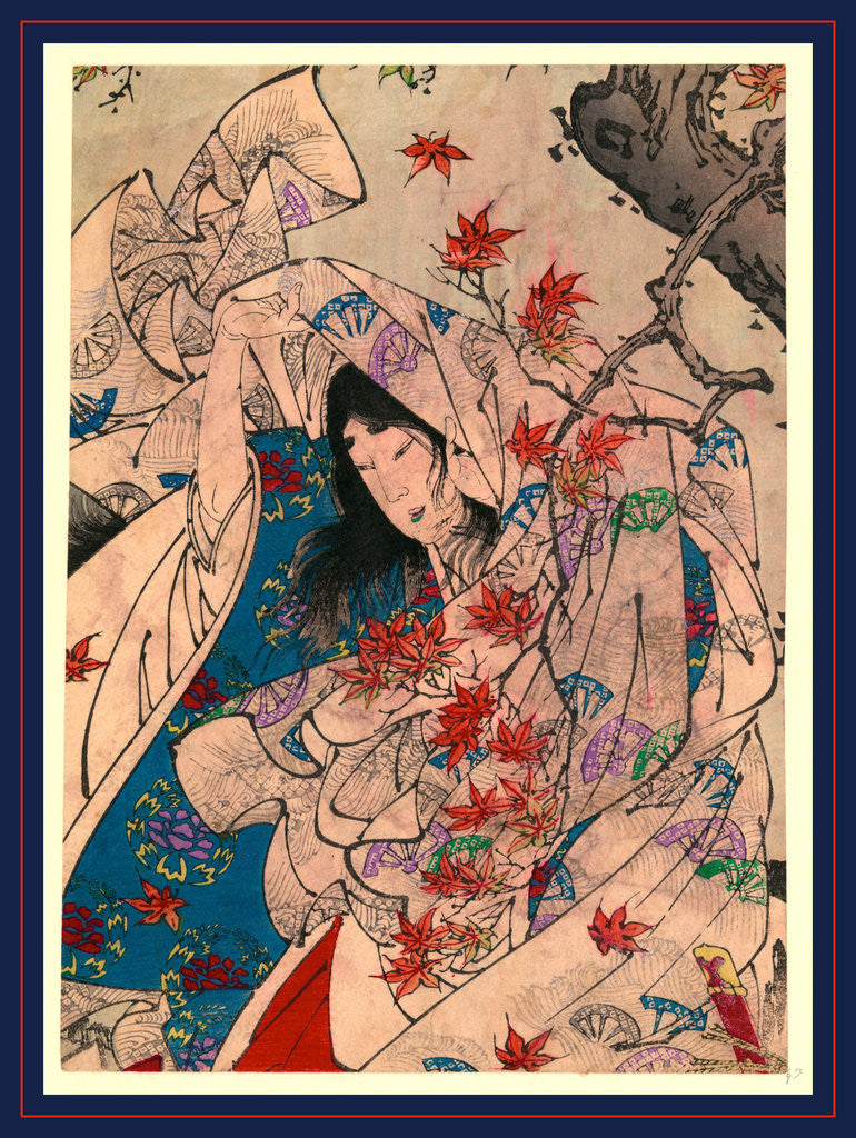 Detail of Person Wrapped in a Flowing Kimono Standing Beneath a Maple Tree at Sumiyoshi. by Anonymous