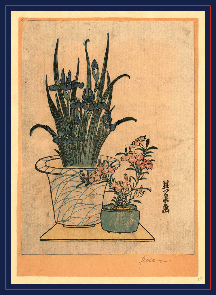 Detail of Two Flower Pots, One with Irises and the Other is the Pink Nadeshiko Flower by Anonymous