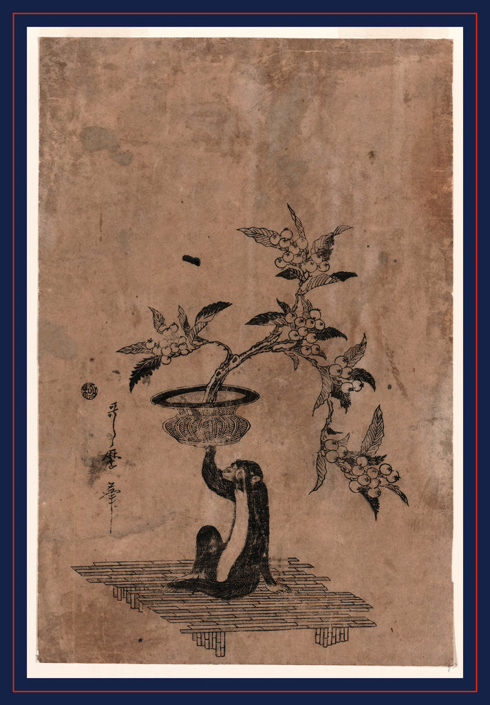 Detail of Monkey Sitting on a Bamboo Mat with Right Hand Raised, Holding a Flower Pot Containing a Loquat Plant Laden with Fruit. by Anonymous