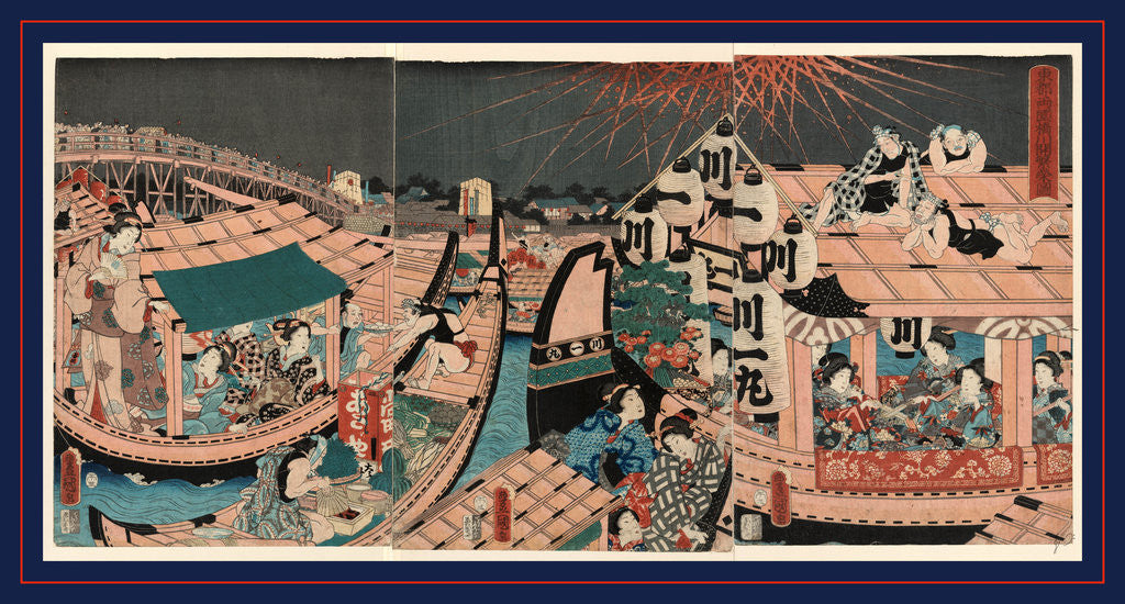 Detail of Toto ryogokubashi kawabiraki han'ei zu, Flourishing fireworks at Ryokoku Bridge Kawabiraki (opening the river ceremony) in the eastern capital by Utagawa Toyokuni