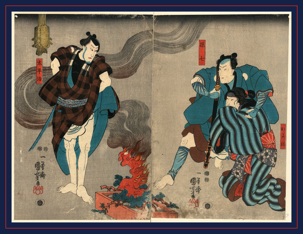 Detail of Oyone magoshichi taheiji, Actors in the roles of Oyone Magoshichi and Taheiji by Utagawa Kuniyoshi