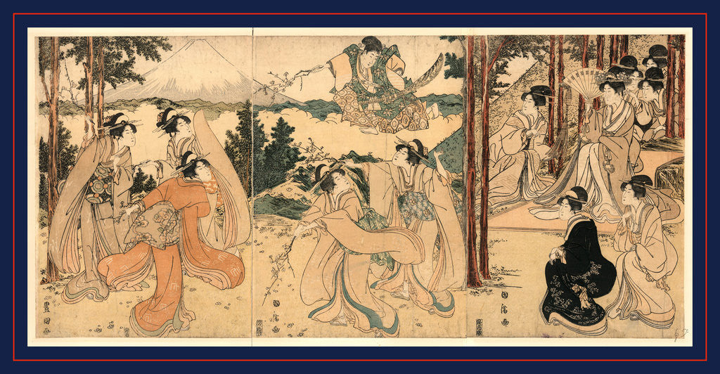 Detail of God or Warrior Appearing on a Cloud Before Several Women Gathered in a Wooded Grove on Mount Kurama with View of Mount Fuji in the Background. by Anonymous