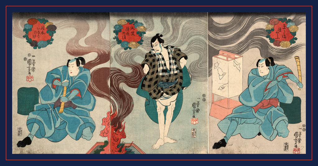 Detail of Tamashima itto tenjiku tokubei tsukimoto inabanosuke, Actors in the roles of Tamashima Itto, Tenjuku Tokubei, and Tsukimoto Inabanosuke by Utagawa Kuniyoshi