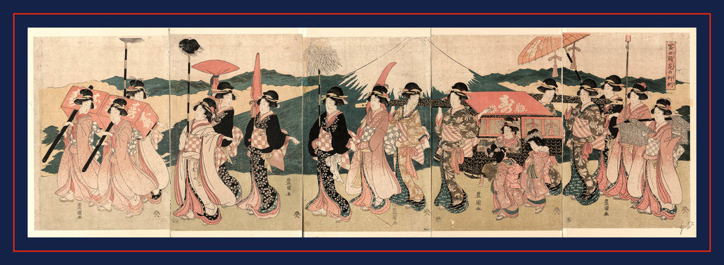 Detail of Fujibitai hana no gyoretsu, A procession of flowers before Mount Fuji by Utagawa Toyokuni