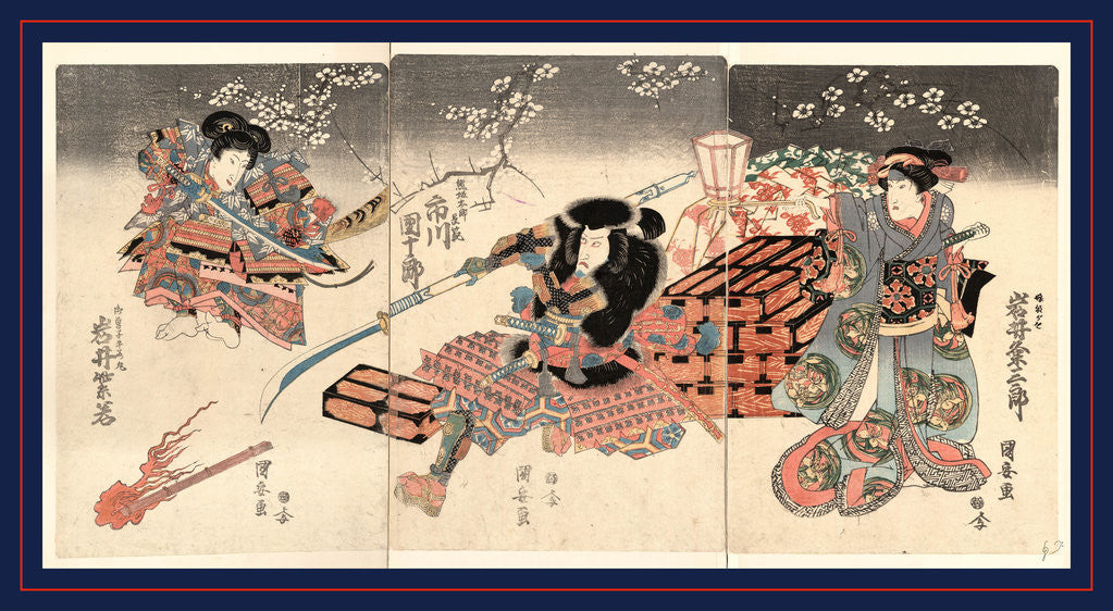 Detail of Iwai kumesaburo ichikawa danjuro iwai shijyaku, The actors Iwai Kumesaburo, Ichikawa Danjuro, and Iwai Shijaku by Utagawa Kuniyasu