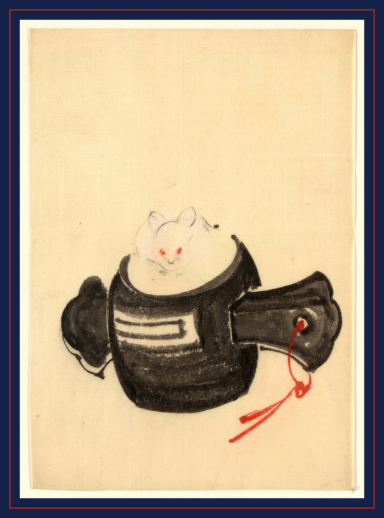 Detail of Mouse, Facing Front, Sitting on a Mallet with Red Ribbon Through a Hole in the Handle. by Anonymous