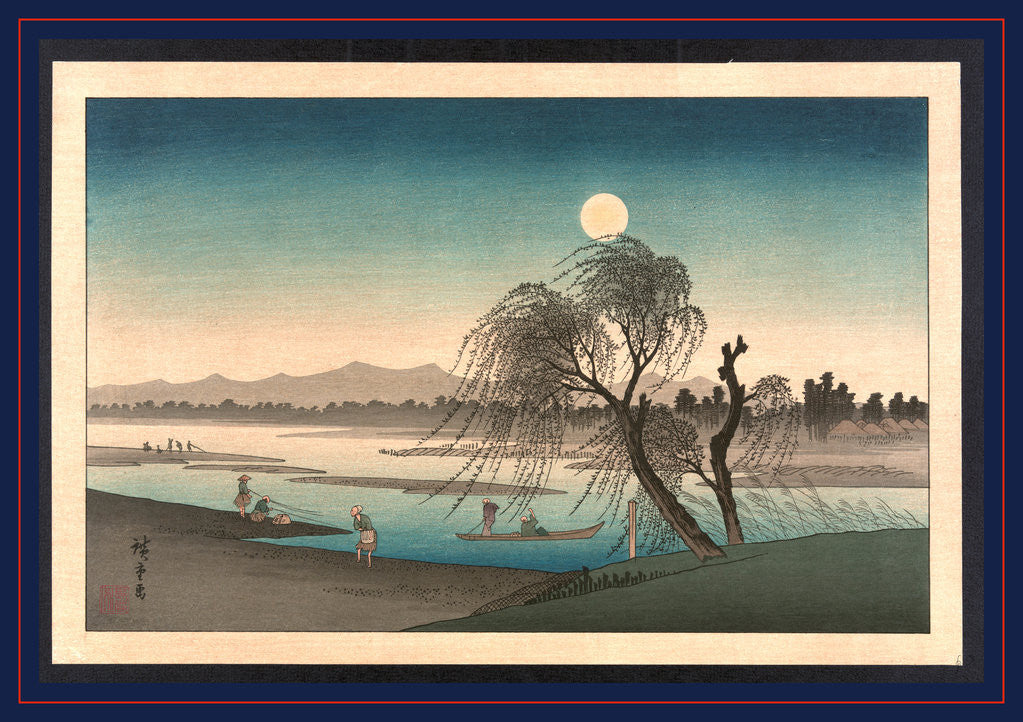 Detail of Moonlight Scene Along a River with People Fishing, in Boats, and Walking Along the Shore. by Anonymous