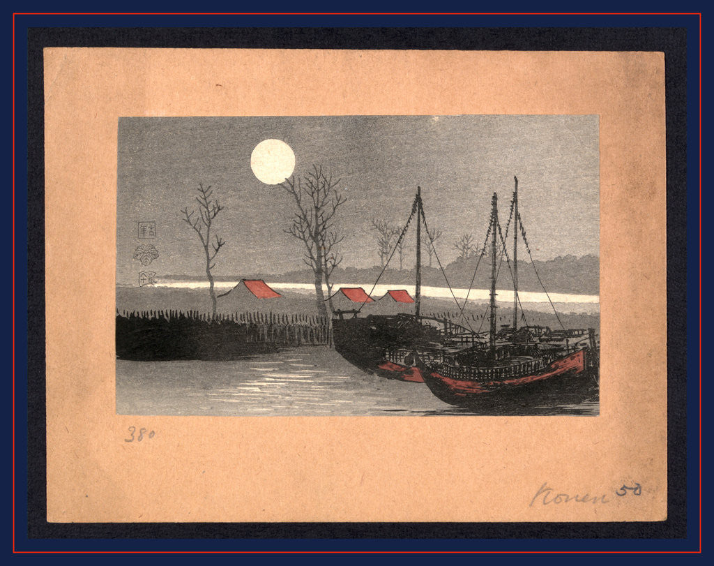Detail of Sailboats at Dock and Low Buildings Under the Light of a Full Moon by Anonymous