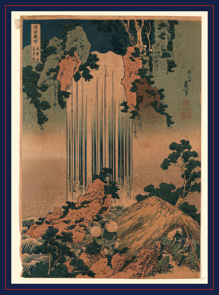 Detail of Two Travelers Looking at Waterfalls While Other Travelers Rest at a Nearby Shelter by Anonymous