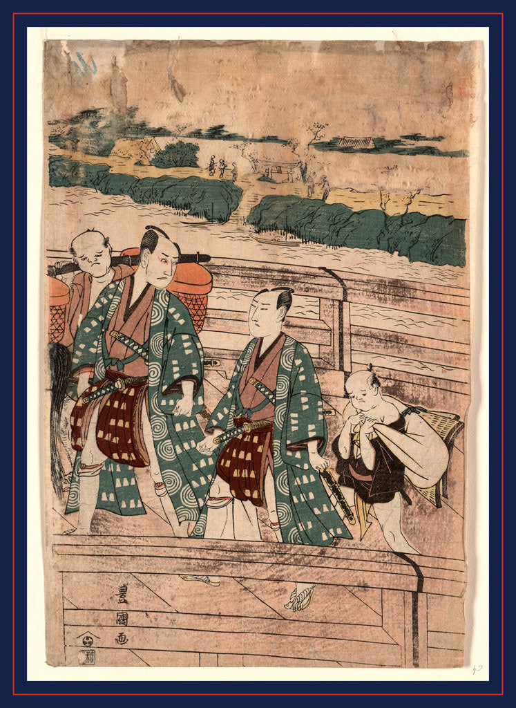 Detail of the Actors Ichikawa Omezo and Sawamura Gennosuke Walking Across the Azuma Bridge, with Two Porters Nearby by Anonymous