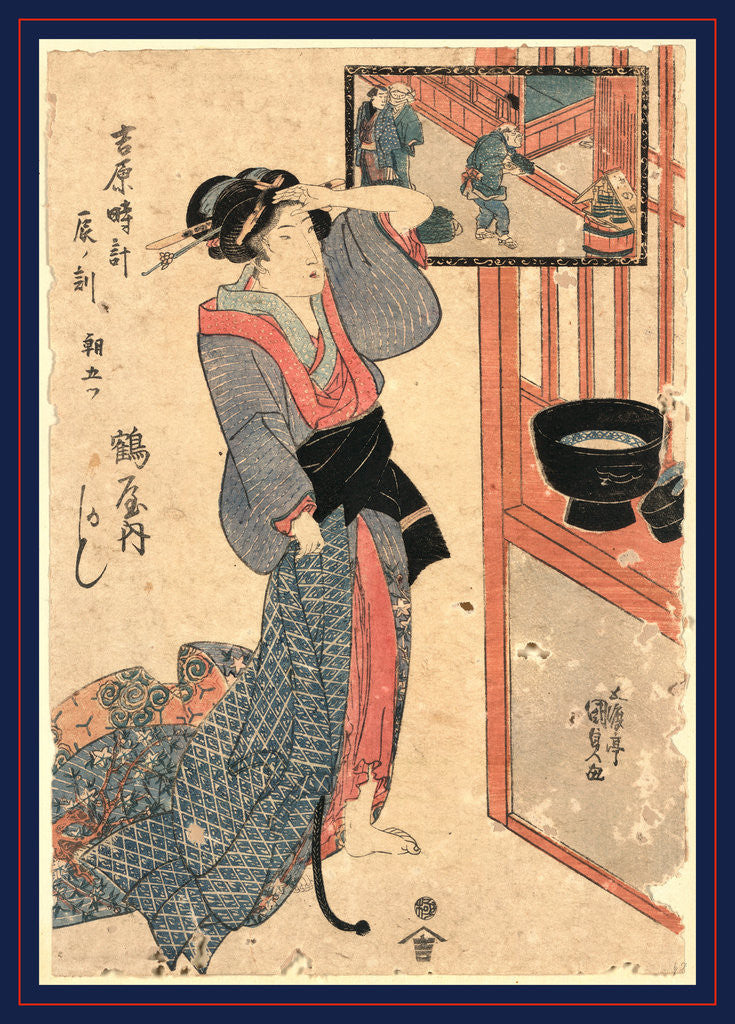 Detail of Tatsu no koku asa itsustsu tsuruya uchi kashiku, Tatsunokoku Asa Itsutsu (8 am): the courtesan Kashiku of Tsuru-ya by Utagawa Toyokuni