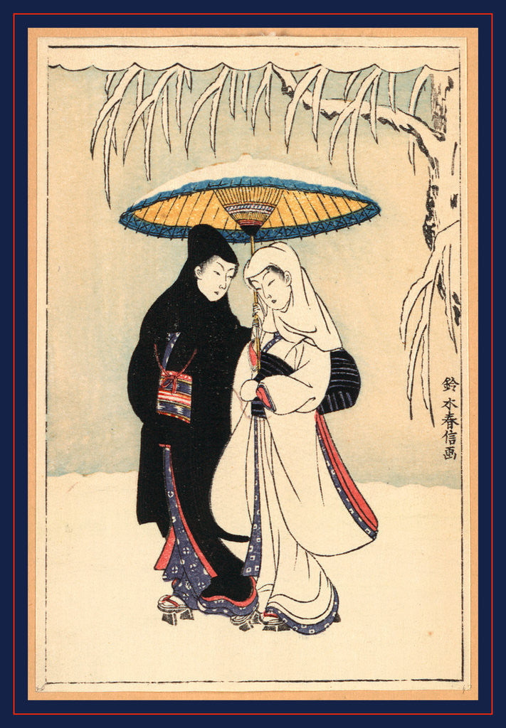 Detail of Secchu aiaigasa, Couple under umbrella in the snow (crow and heron) by Suzuki Harunobu