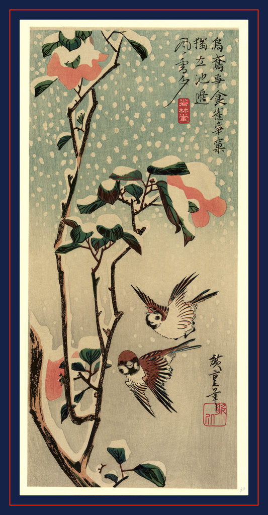 Detail of Secchu tsubaki ni suzume, Sparrows and camellias in snow by Ando Hiroshige