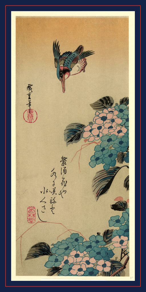 Detail of Ajisai ni kawasemi, Hydrangea and Kingfisher by Ando Hiroshige