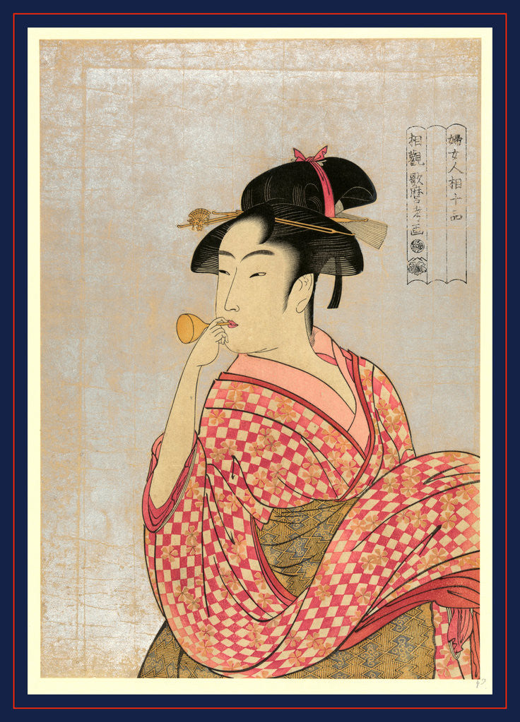 Detail of Poppen o fuku musume, Young lady blowing on a poppin by Kitagawa Utamaro