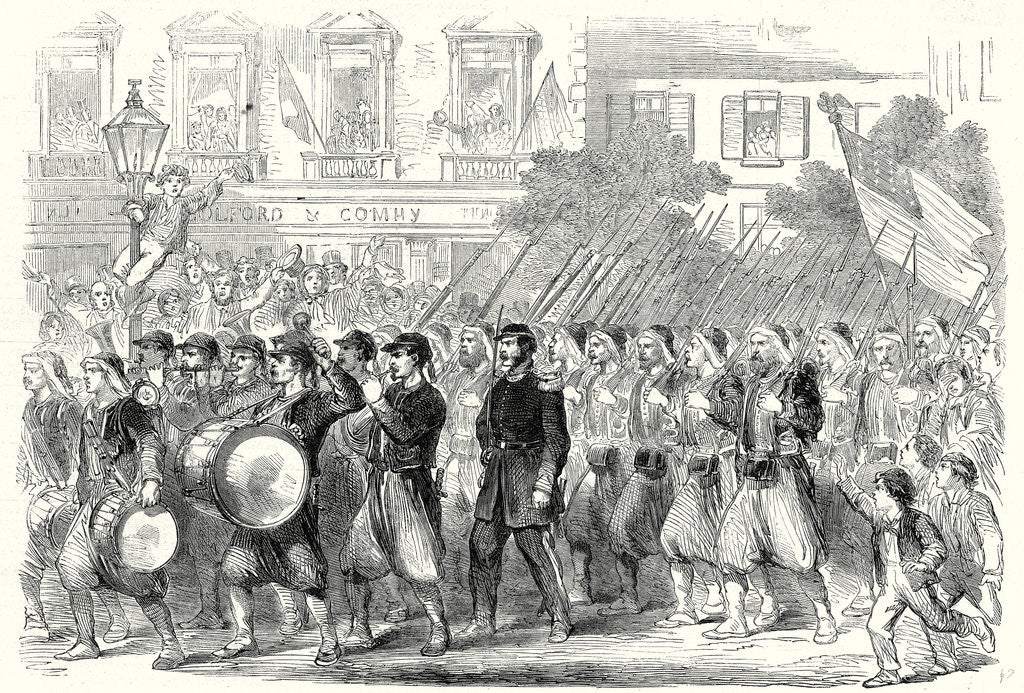 Detail of The Civil War in America: The 5th Regiment of New York Zouaves Passing Through Broadway on Their Way to Embark for the War Down South 22 June 1861 by Anonymous