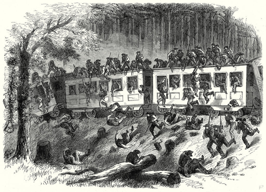 Detail of The Civil War in America: Train with Reinforcements for General Johnston Running Off the Track in the Forests of Mississippi 8 August 1863 by Anonymous