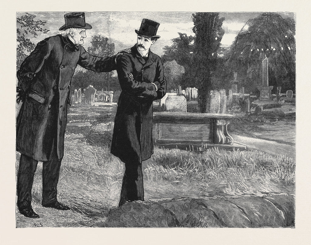 Detail of Marion Fay: A Novel, As He Stood by the Grave Side, One Came Softly Stealing Up to Him, and Laid a Hand Upon His Shoulder by Anonymous