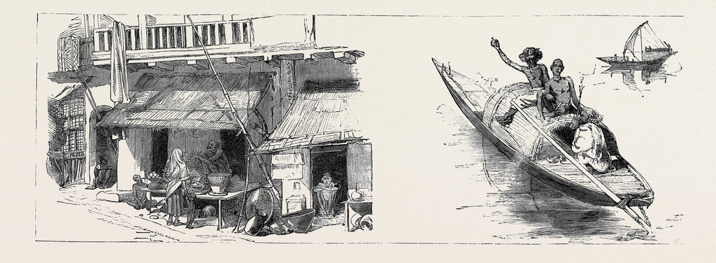 Detail of Round the World Yachting in the Ceylon, Calcutta: A Street with Booths in Calcutta; a Hooghly Boat by Anonymous