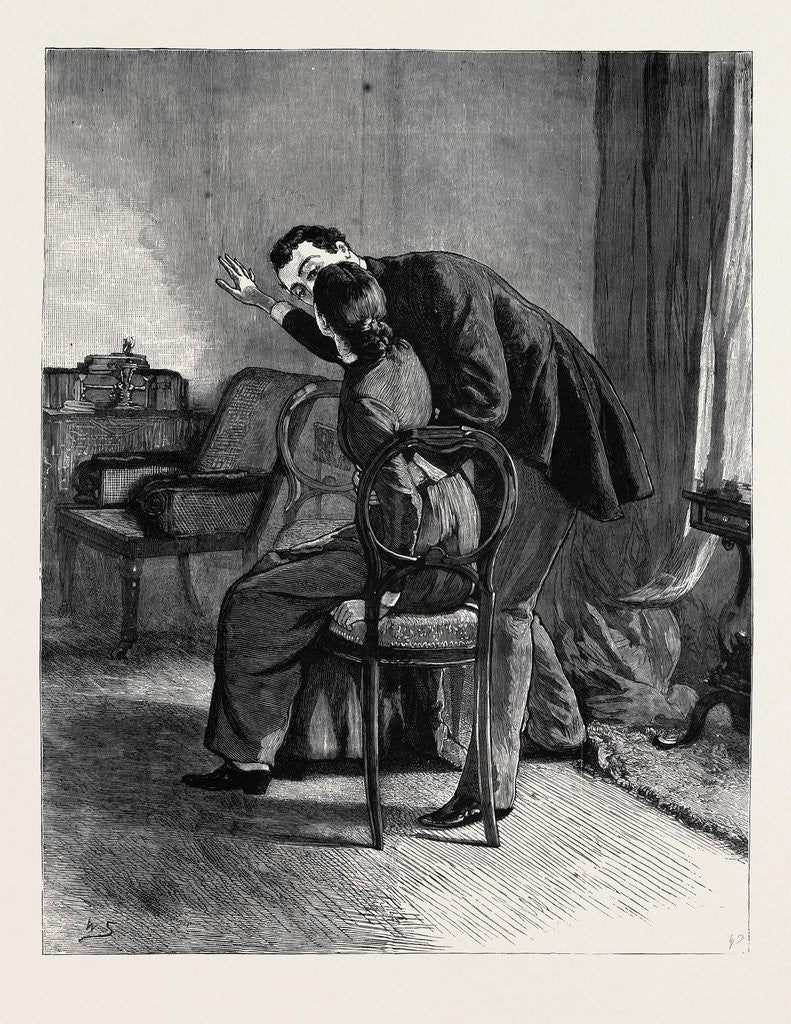 Detail of Marion Fay: A Novel, She Had Turned Towards Him, and Was Sitting Before Him with Her Face Looking Into His, When Suddenly He Had Her in His Arms by Anonymous