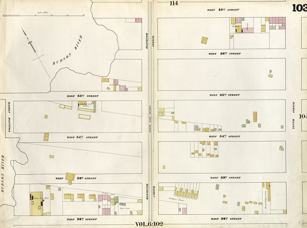 Detail of Map bounded by West 57th Street, Tenth Avenue, West 52nd Steet, Hudson River. 1857 by Anonymous