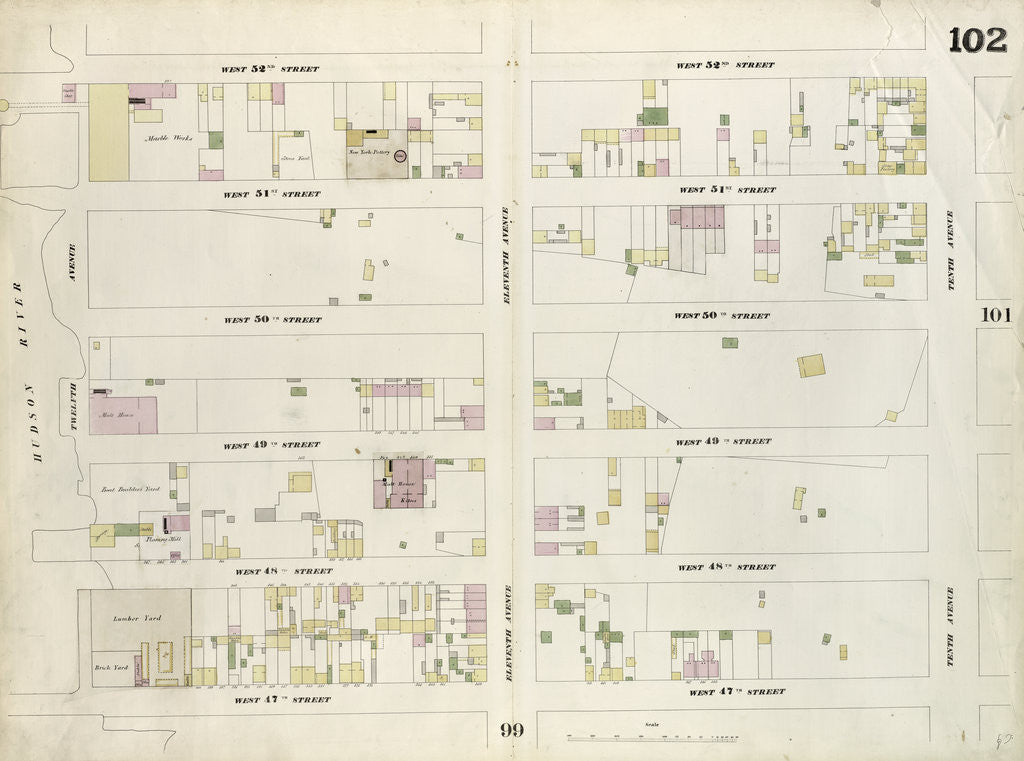 Detail of Map bounded by West 52nd Street, Tenth Avenue, West 47th Street, Hudson River. 1857 by Anonymous