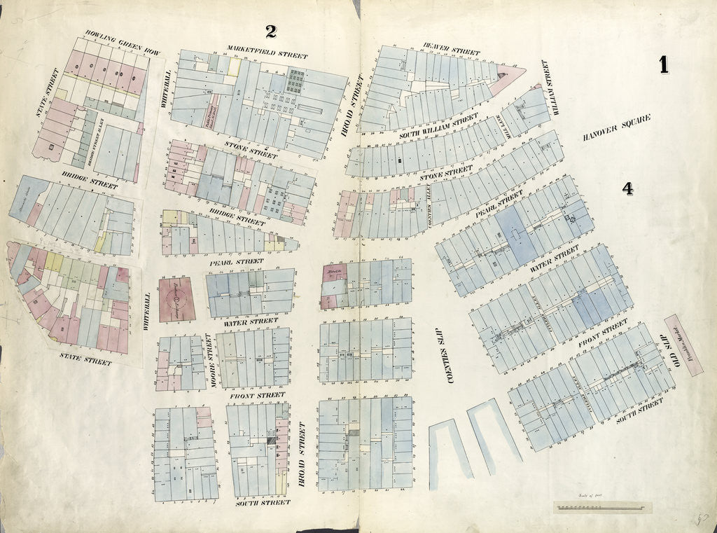 Detail of Map bounded by Battery Place, Marketfield Street, Broad Street, Beaver Street, Old Slip, South Street, Coenties Slip, South Street, Whitehall Street, State Street. 1857 by Anonymous