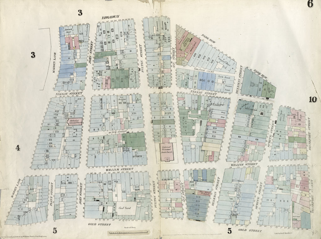 Detail of Map bounded by City Hall Square, Frankfort Street, Gold Street, Maiden Lane, Broadway, Park Row. 1857 by Anonymous