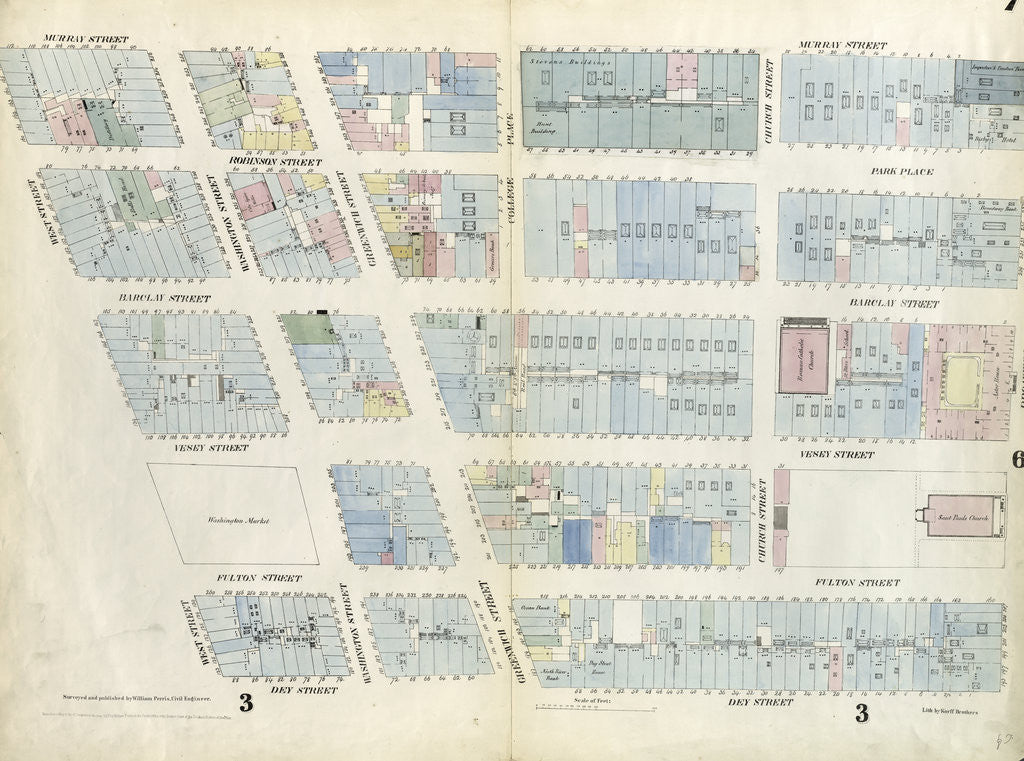 Detail of Map bounded by Murray Street, Broadway, Dey Street, West Street. 1857 by Anonymous