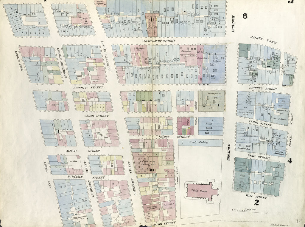 Detail of Map bounded by Dey Street, Broadway, Maiden Lane, Nassau Street, Wall Street, Broadway, Rector Street, West Street. 1857 by Anonymous